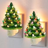 Hausse 2 Pack Christmas Ceramic Tree Night Lights, Decorative Xmas Tree Nightlight with Lamp, Multicolor Bulbs &amp; 360 Degree Swivel Plug with ON/Off Switch for Home Bathroom Bedroom Decor