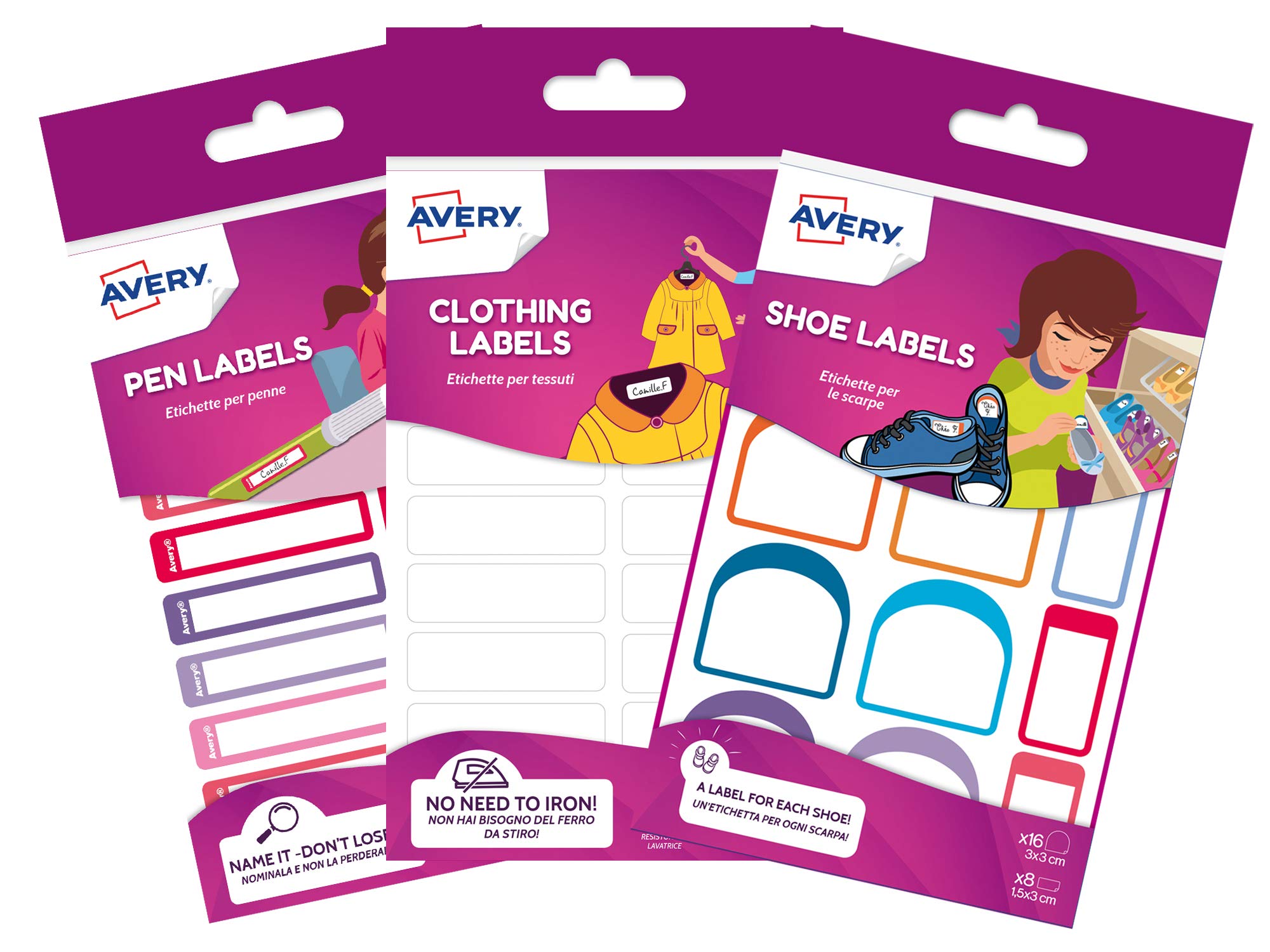 Avery School Name Labels, Value Pack, 36 x Clothing Labels (Non Iron) 24 x Resistant Shoe Labels, 30 x Stationary & Pen Labels,School Bundle 2