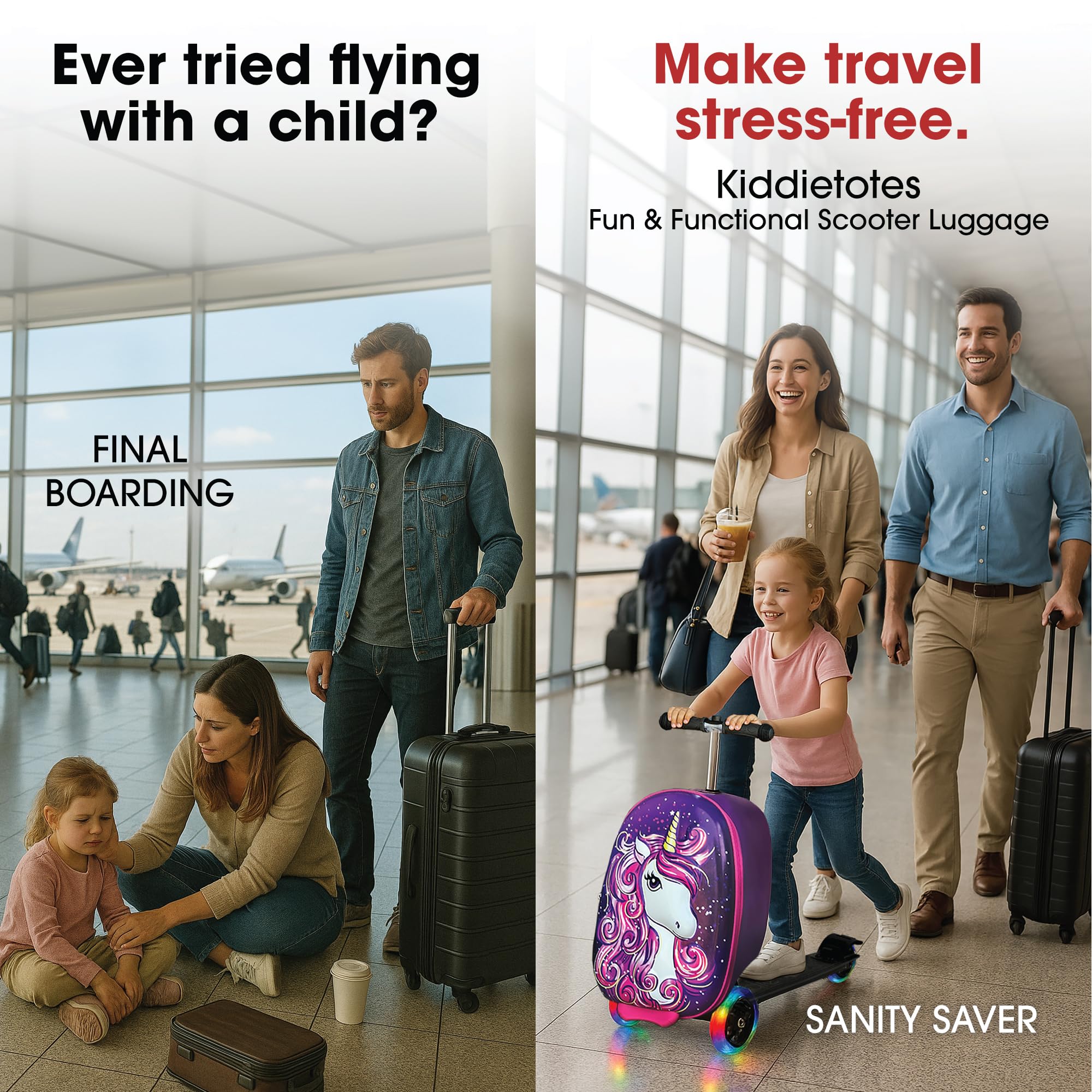 KIDDIETOTES Ride-On Scooter Suitcase for Kids – Hardside Lightweight Carry-On Luggage with Foldable Scooter, LED Wheels, Travel Fun for Toddlers & Children