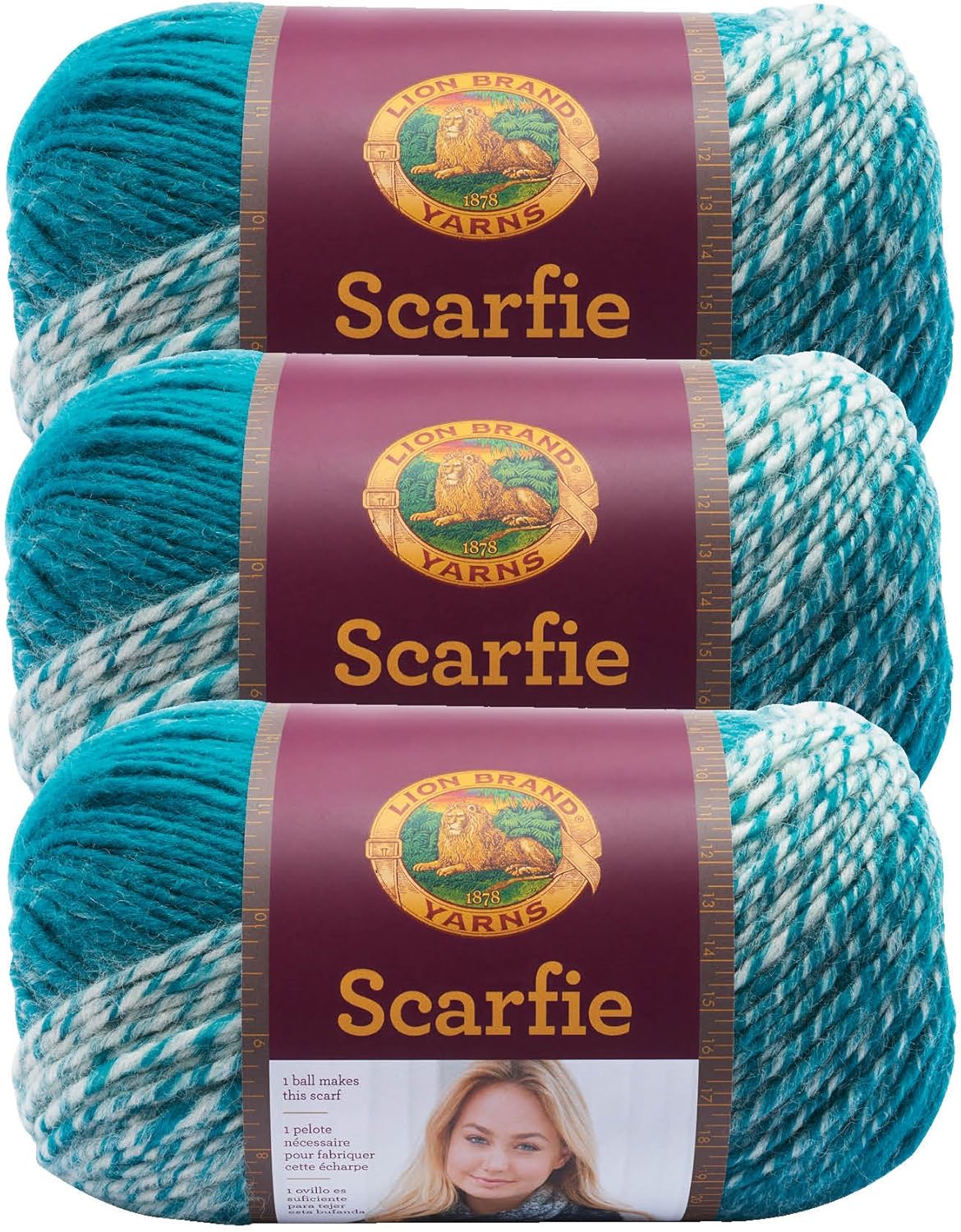(3 Pack) Lion Brand Yarn 826215 Scarfie Yarn, Cream/Teal
