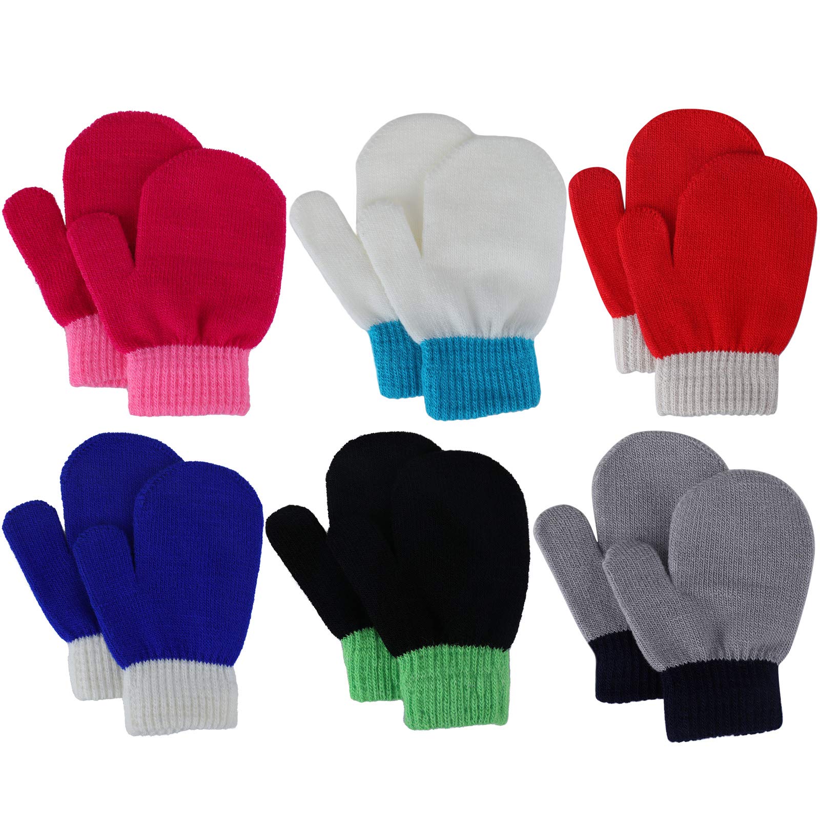Jupsk Toddler Mittens Winter Warm Knitted Gloves Magic Stretch Color Contrast Gloves for Baby Kids Boys Girls 1 2 3 4 Years Old, 6 Pairs