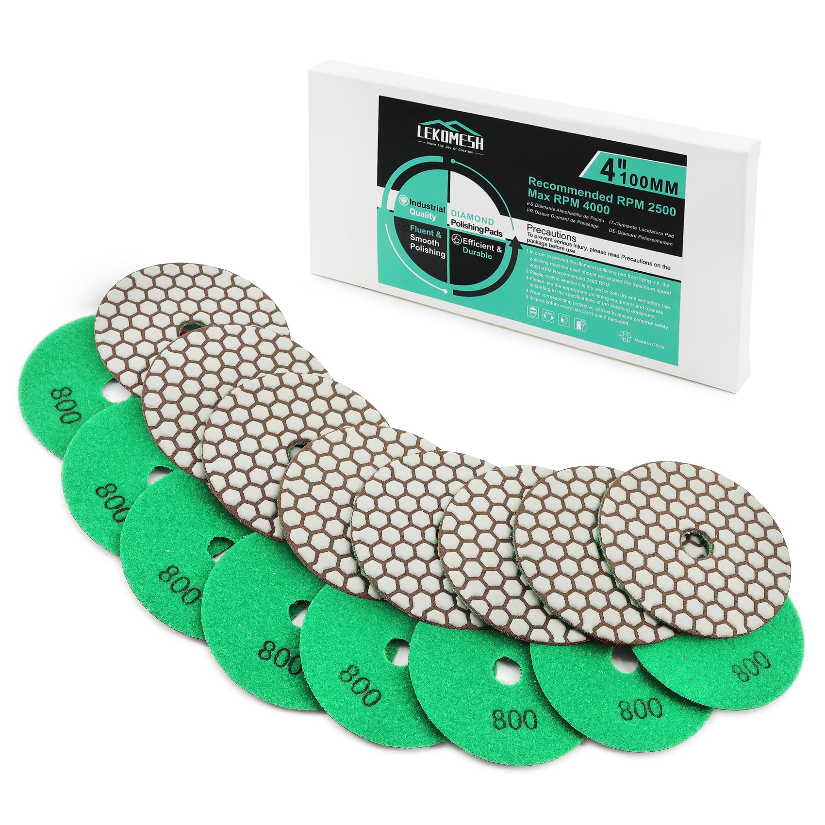 Diamond Dry Polishing Pad LEKOMESH - 8pcs 4 Inch(100MM) #800 Dry Polishing Wheel Set for Granite Marble Artificial Stone Quartz,Polishing Pad for Grinder or Polisher