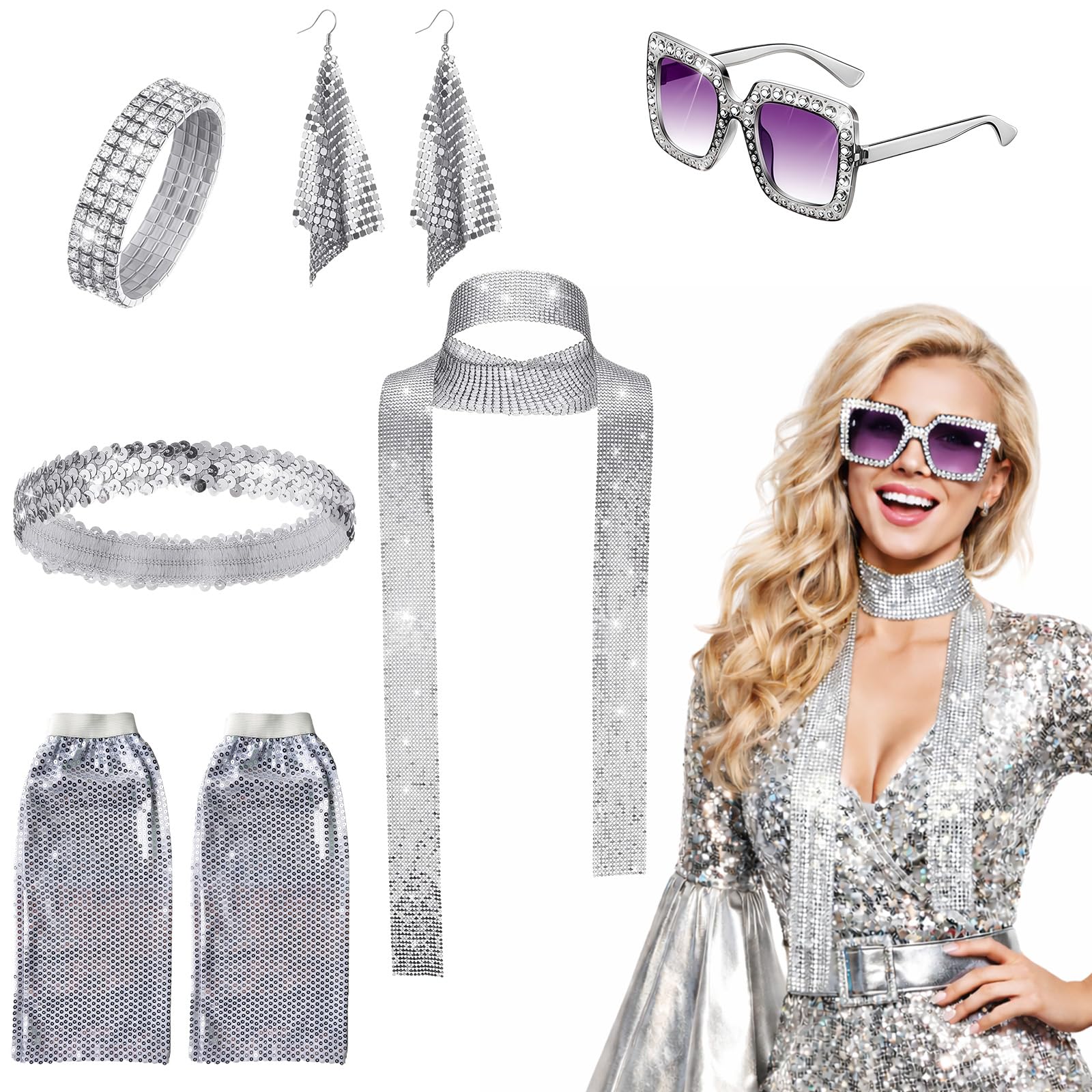 MUNSKT 70s 80s Disco Golden Accessories Set,Frame Bling Sunglasses Earrings Headband Bracelet Leg Warmers,6PCS Abba Accessories Set,Retro Disco Fancy Dress Kit for Women for Theme Parties (Sliver) — image 1