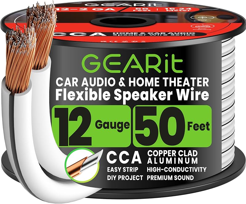 GearIT Pro Series Speaker Wire 2x4mm CCA 50 ft White 12 AWG Audio Cable