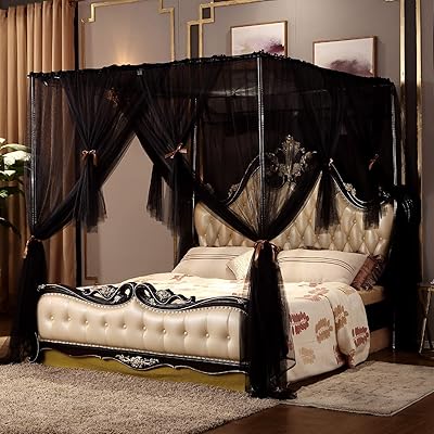 Nattey 4 Corners Post Canopy Bed Curtain for Twin Bed, Black