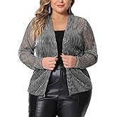 Agnes Orinda Plus Size Cardigans for Women Sheer Open Front Long Sleeve Glitter Party Shirt 2024 Summer