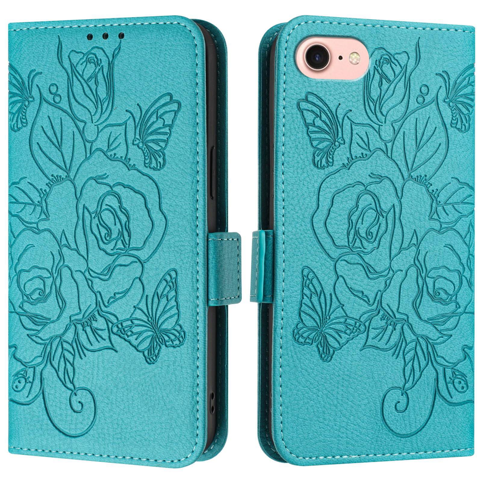 XYZNTMF for iPhone SE 2020 Case SE 2022 Case iPhone 8 Case iPhone 7 Shockproof Floral Flip Wallet Card Holder PU Leather Shell Soft Silicone Bumper Kickstand RFID Blocking Protective Skin Cover, Blue