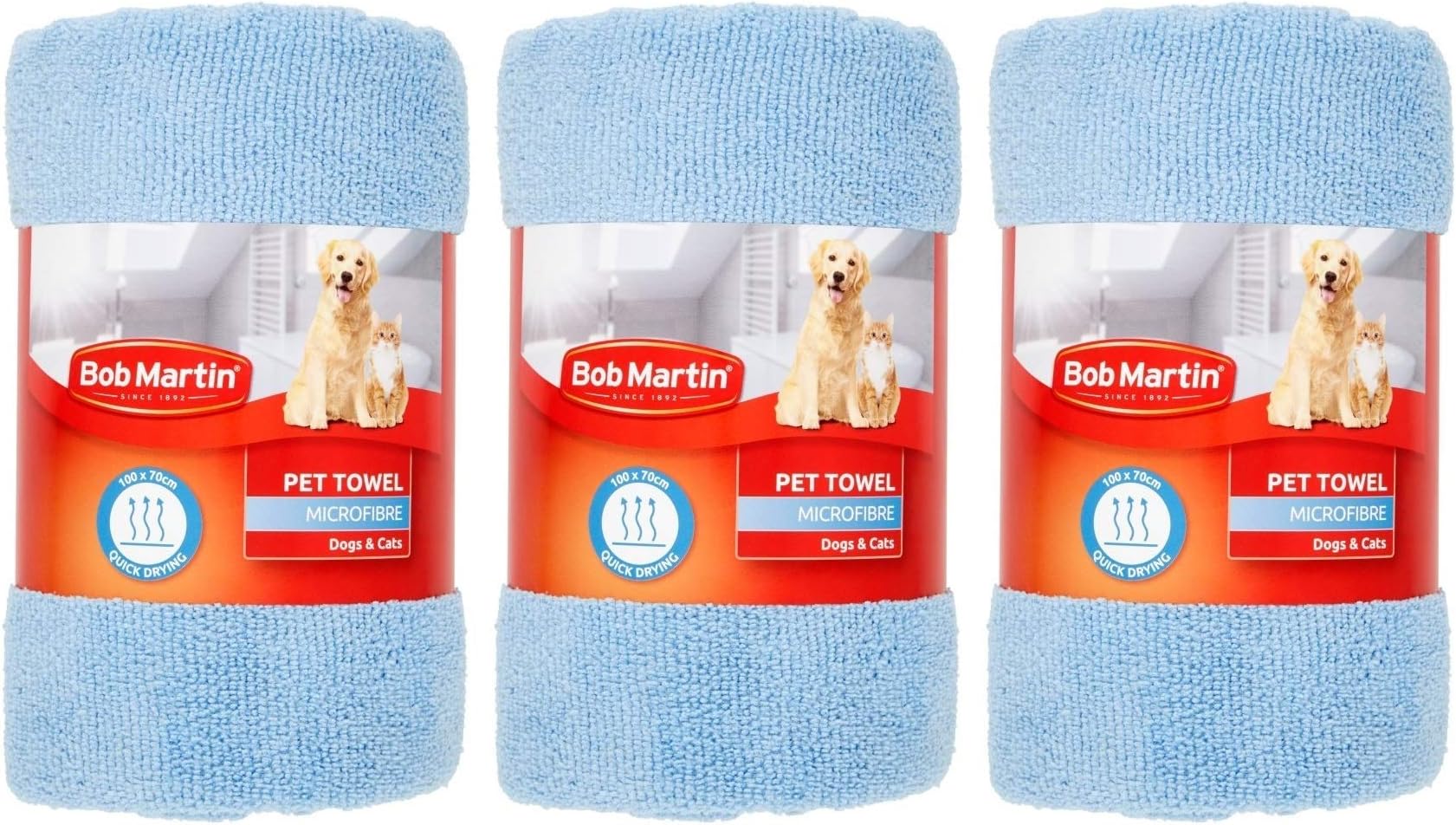 Bob Martin Set of 3 Pet Towels Dog Bath Absorbent Home Cat Soft Microfibre Grooming Quick Drying 100 x 70 cm - THREE PACK