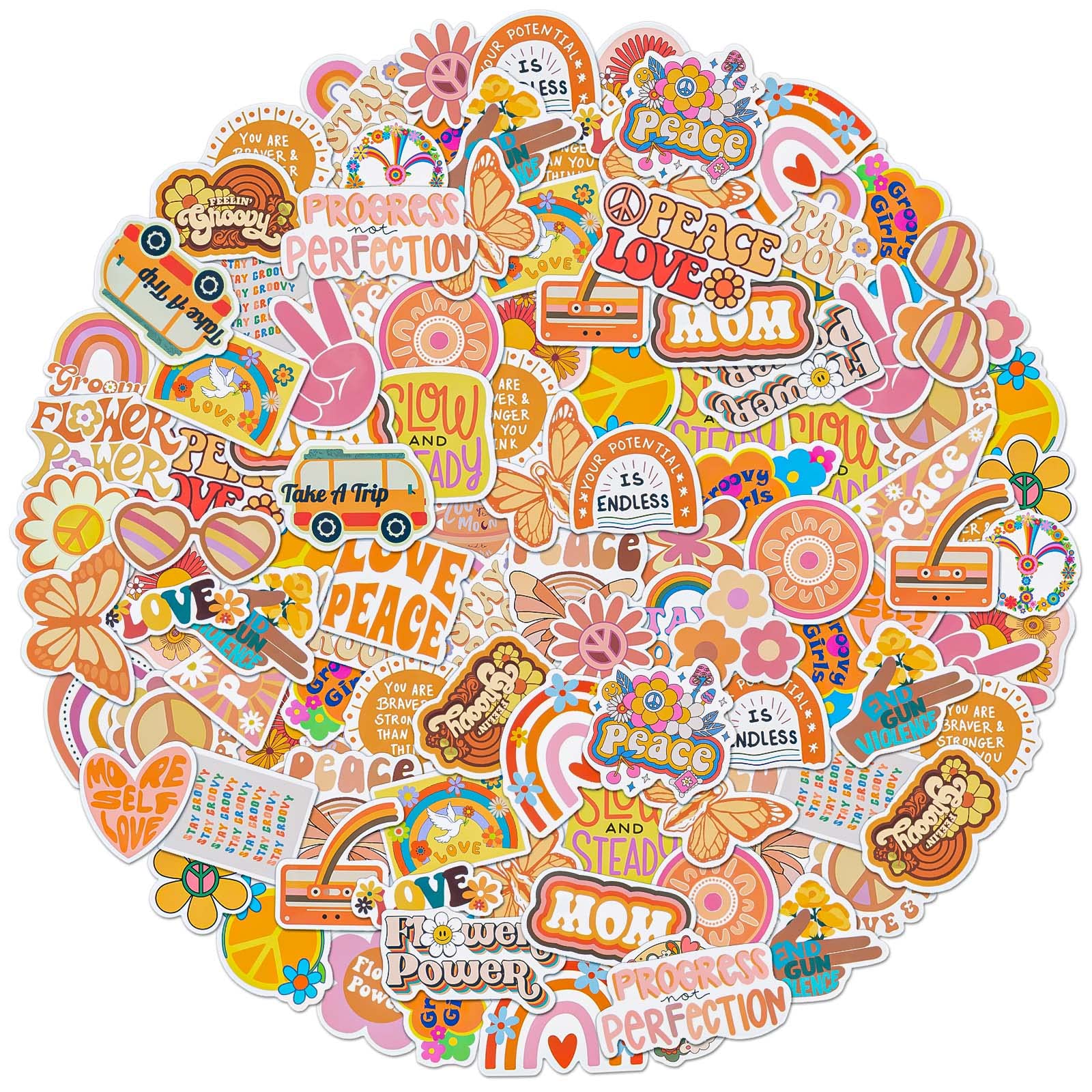 Photo 1 of 100 Pcs Groovy Boho Hippie Stickers, Boho Rainbow Daisy Flower Stickers, Waterproof Vinyl Stickers for Water Bottle, Srapbook, Laptop, Phone Case, Teens Girls Adults Hippie Decor Present