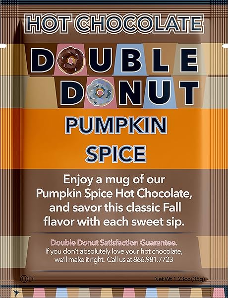DOUBLE DONUT PUMPKIN SPICE HOT CHOCOLATE MIX PACKETS, FLAVORED PUMPKIN SPICE HOT COCOA MIX, 18 COUNT