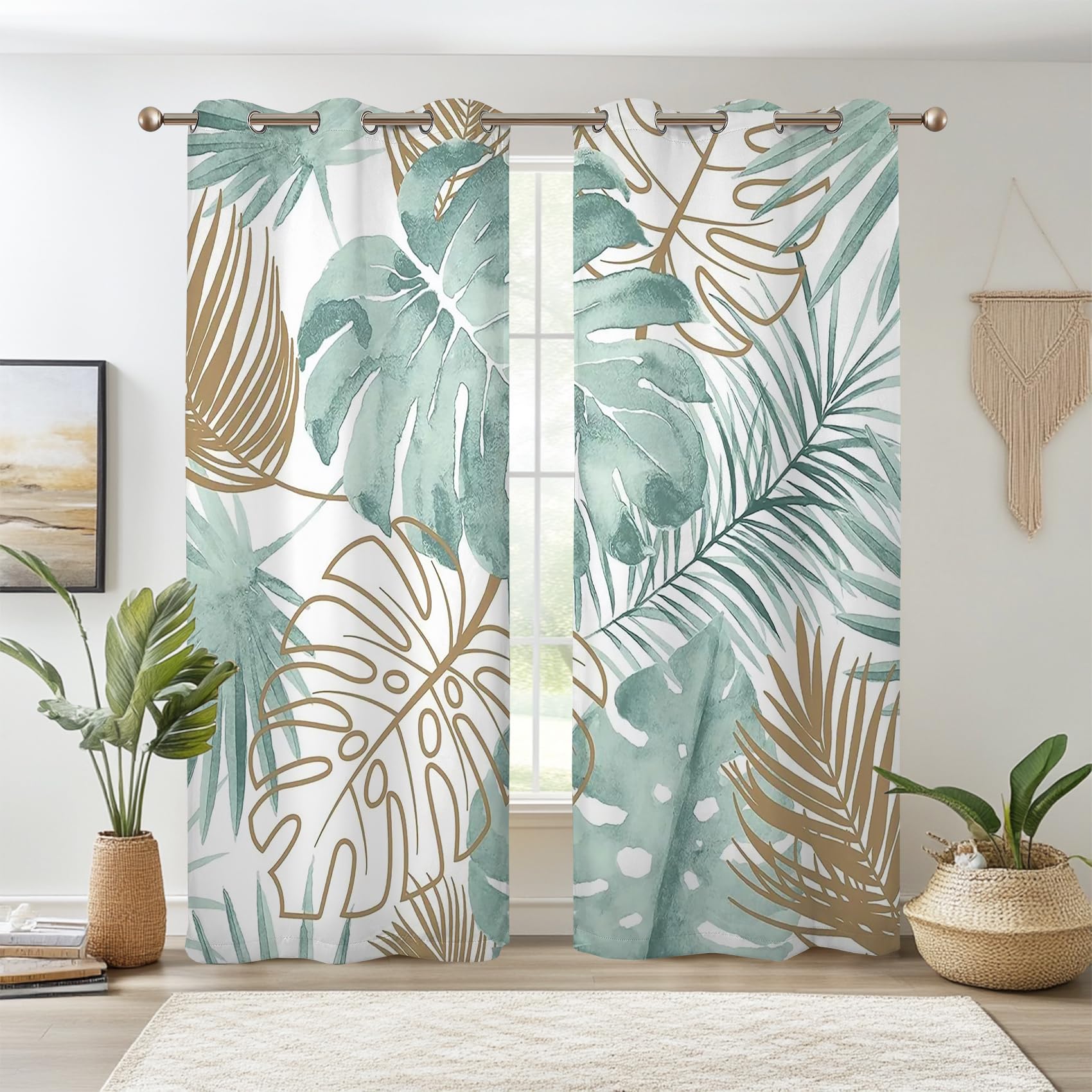 Photo 1 of Renaiss Tropical Leaf Blackout Curtains, Green Palm Monstera Leaf Thermal Insulated Bedroom Window Curtains, Botanical Plants Window Drapes for Living Room, 84" L x 42" W 2 Panel Set