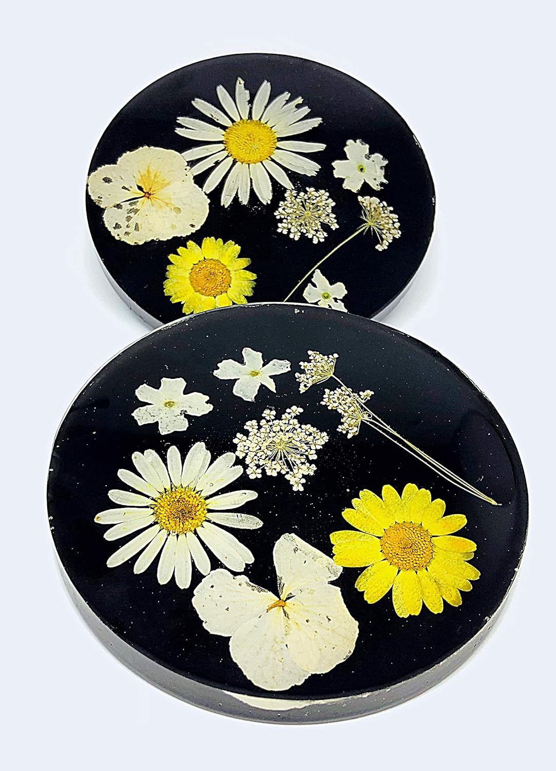 Handmade pressed flower coasters, Black and white home decor, Resin