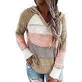 Vemodoo Women's Color Block Knit Hoodies Sweaters V Neck Drawstring Lightweight Pullover Sweatshirts & Zip up