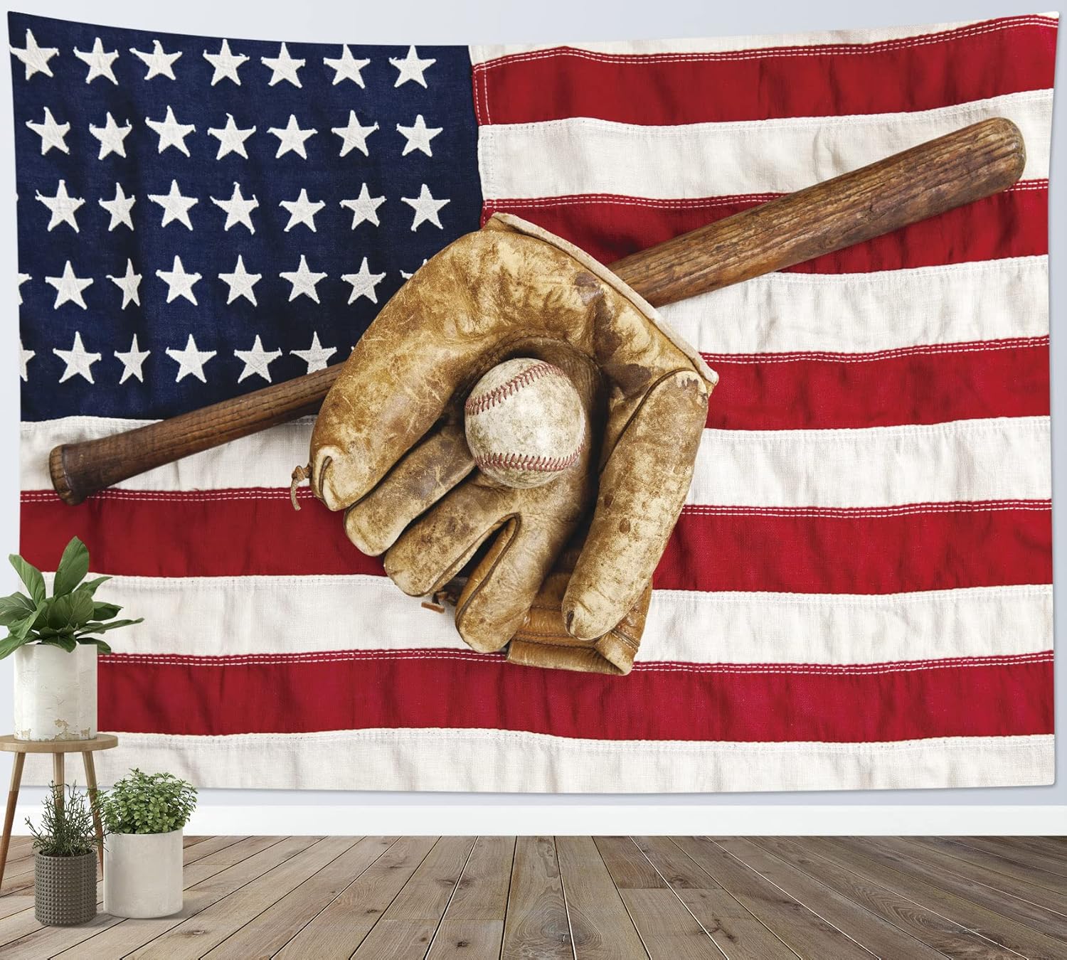 Tapestries - HVEST Sport Tapestry Baseball Glove and Bat Wall Hanging American Flag Wall Tapestry for Bedroom Living Room Dorm Party Wall Decor (60x40)