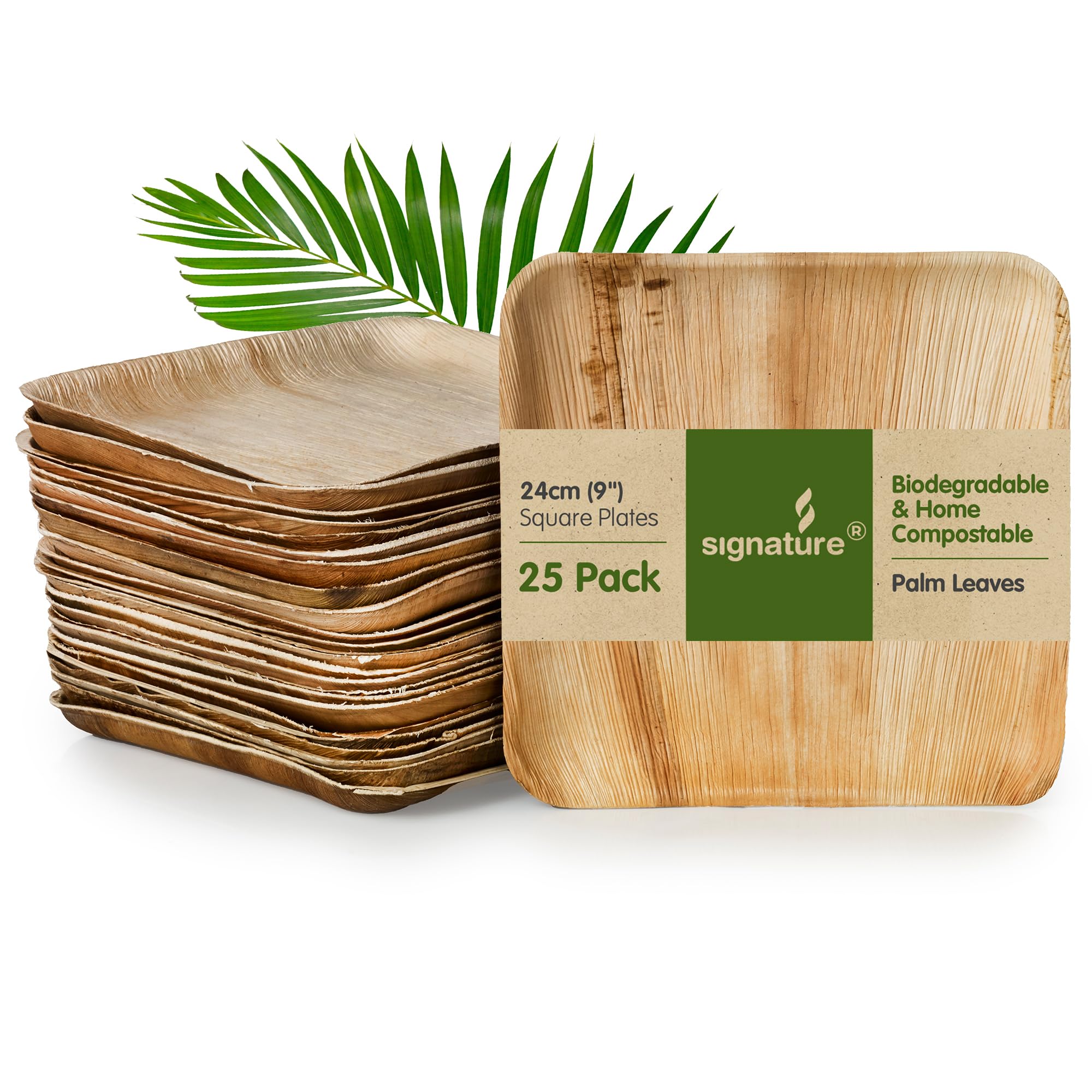 Signature Packaging Disposable Palm Leaf Plates, Sturdy Eco-Friendly Biodegradable Compostable Plates for Hot Food, Weddings, Picnics, Parties and Outdoor Events - 9", (25 Pack) Square