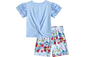 MKSODOPY mksodop Girls Clothes 2-Piece Teen Girls clothes Lace Hollow Short-Sleeved Twist T-Shirt And Floral Short Girl Summer Outfits