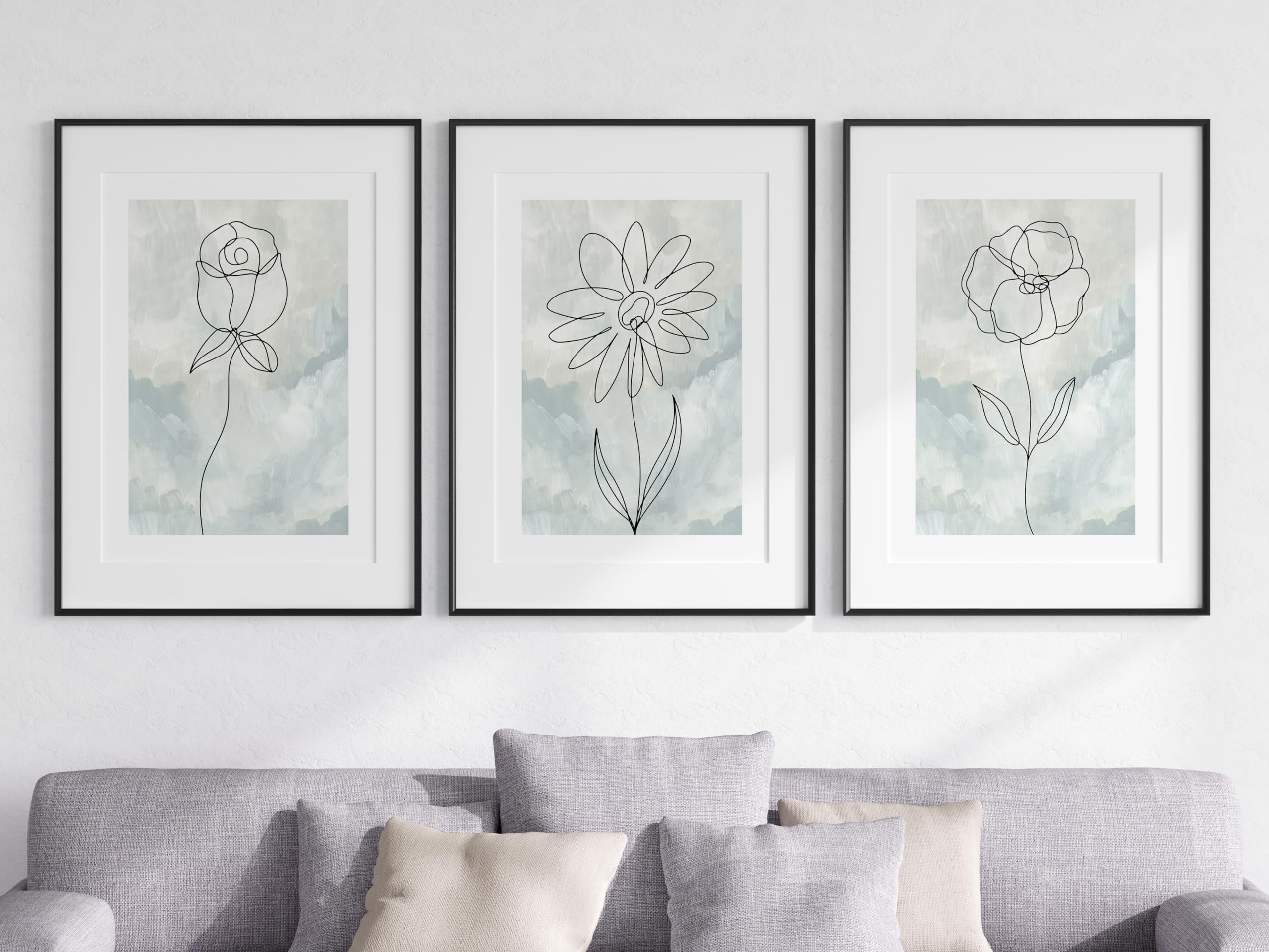 Green Flower Botanical Line Art Set of 3 Unframed Prints, Minimalist Abstract Wall Art Decor, Rose Sunflower Poppy Flowers, Green Acrylic Texture, Living Room Lounge Bedroom Poster Home Decor (A3) — image 1