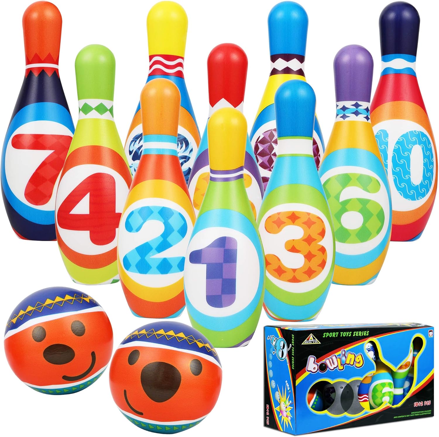AMOMO Kids Bowling Set,Toddlers Educational Toys 10 Indoor Colorful Soft Foam Pins 2