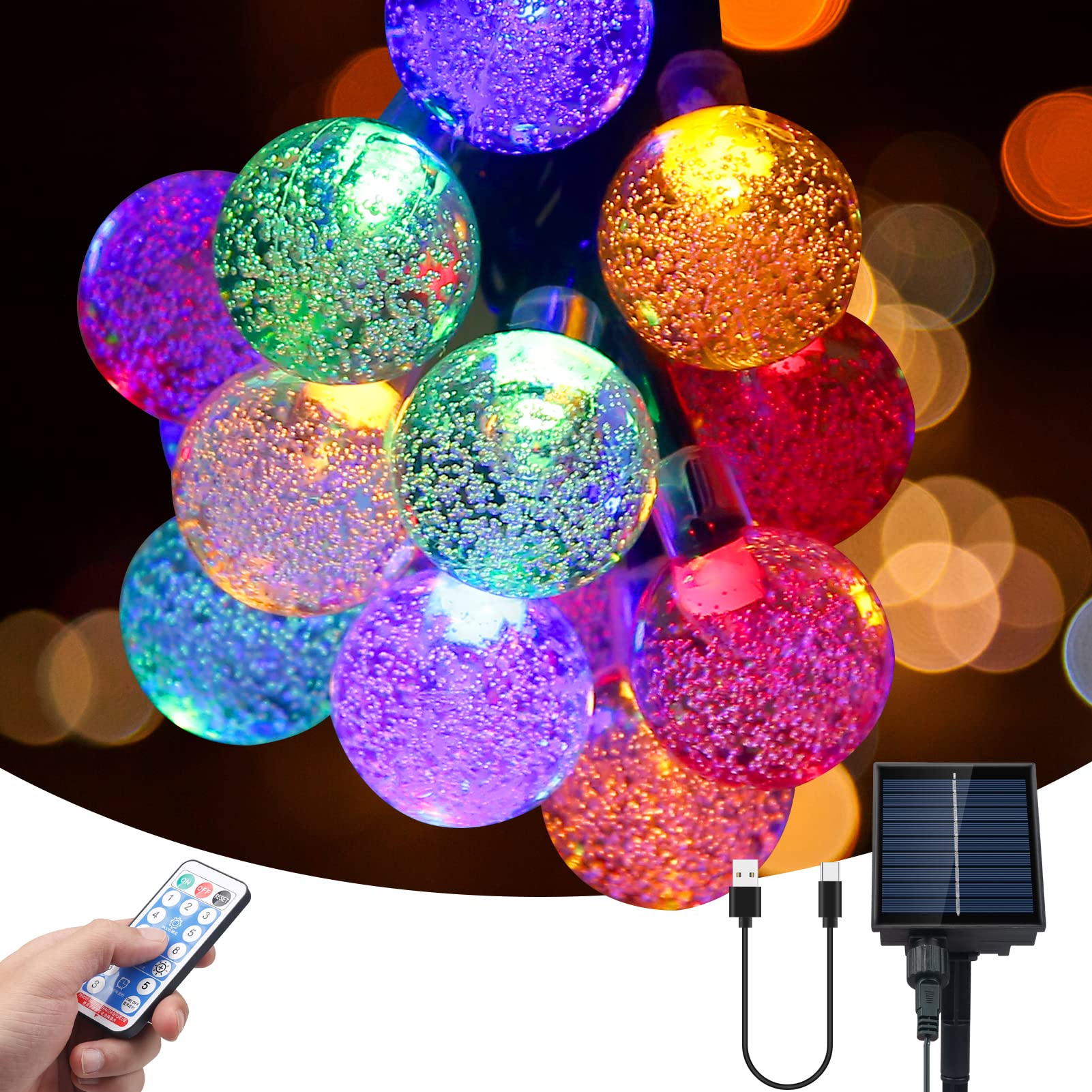 SHENKEY Solar String Lights, 60 LED Crystal Ball Fairy Lights with Remote Control, Solar/USB Powered, Waterproof for Indoor and Outdoor Decorations (Multi-Color)