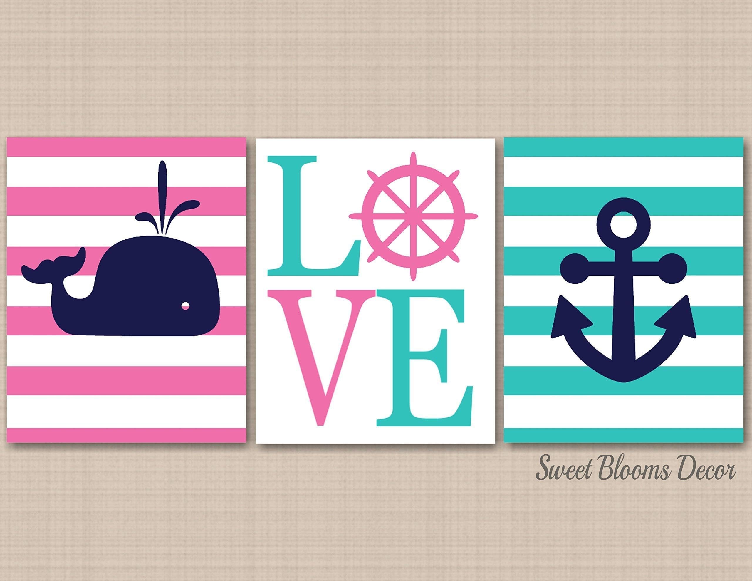 Nautical Wall Art Hampton Whale Anchor Nursery Decor Navy Blue Pink Teal Aqua Whale Girl Boy Brother Sister Twins LOVE UNFRAMED 3 PRINTS (NOT CANVAS)