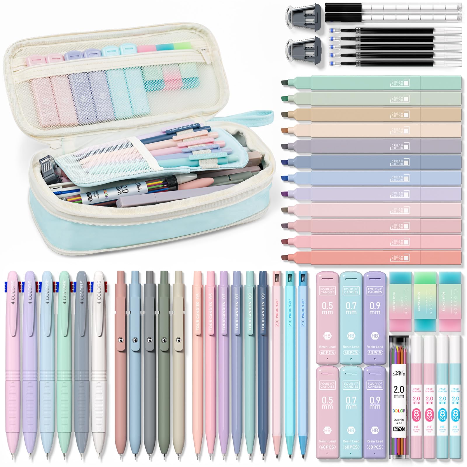Photo 1 of Four Candies 56 PCS Aesthetic School Supplies with Cute Pencil Case, 6 Multicolor Pen, 12 Pastel Highlighters, 5 Gel Pens Black Ink, 9 Mechanical Pencils for Student Stationary Set Preppy Stuff (Blue)