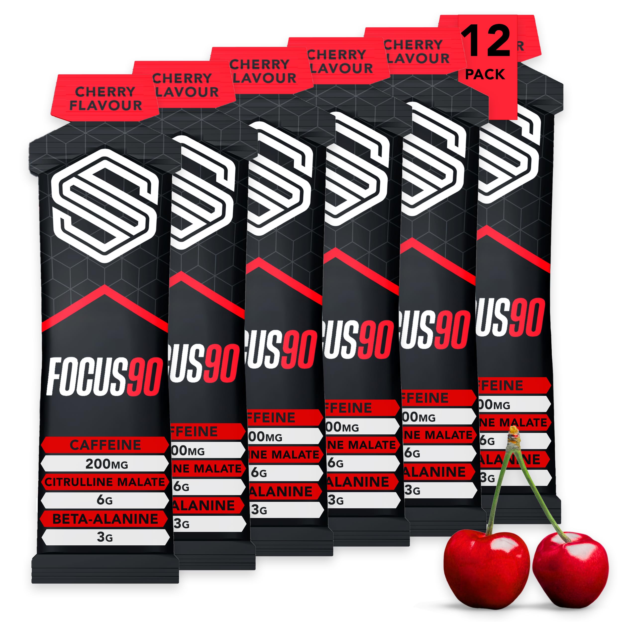 Soccer Supplement Focus90 Caffeine Energy Gels (12 Pack) Cherry Flavour, Quick Release Football, Pre Workout & Running Gels with Beta Alanine & Citrulline Malate