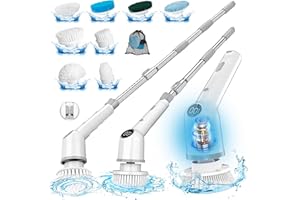 CLELIFOVE Electric Spin Scrubber: Cordless Shower Scrubber with 8 Replaceable Brush Heads- 3 Adjustable Speeds- Adjustable Extension Handles- Power Cleaning Brush for Bathroom- Floor- Tile