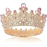 KEUKORZ Gold Pink Rhinestones Crown Cake Topper Full Round Princess Tiara Elegant Hair Accessories for Prom Wedding Birthday Party Favors Pageant