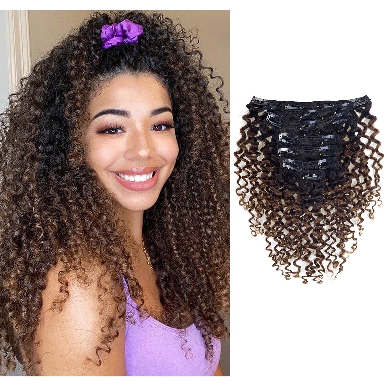 Photo 1 of Loxxy Curly hair extensions Clip in human hair Natural Black Fading To Chocolate Brown Color For black Women Jerry Curly Clip in Natural Hair Extension Real Virgin Thick Hair(#1B/4,22 Inch,120gram)