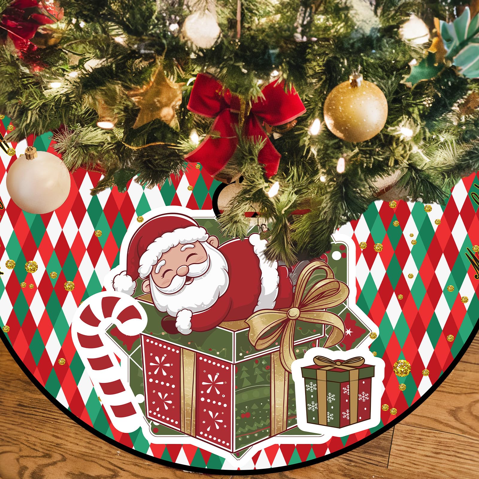 Christmas Tree Skirt Round, 48In Red Green Plaid Tree Skirt Christmas Decor, Cute Santa Claus Xmas Tree Skirt with Gift Box Polyester Xmas Mat for New Year Home Winter Holiday Party Ornament