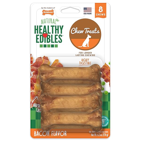 NYLABONE HEALTHY EDIBLES NATURAL DOG CHEWS LONG LASTING BACON FLAVOR TREATS FOR DOGS, X-SMALL/PETITE (8 COUNT)