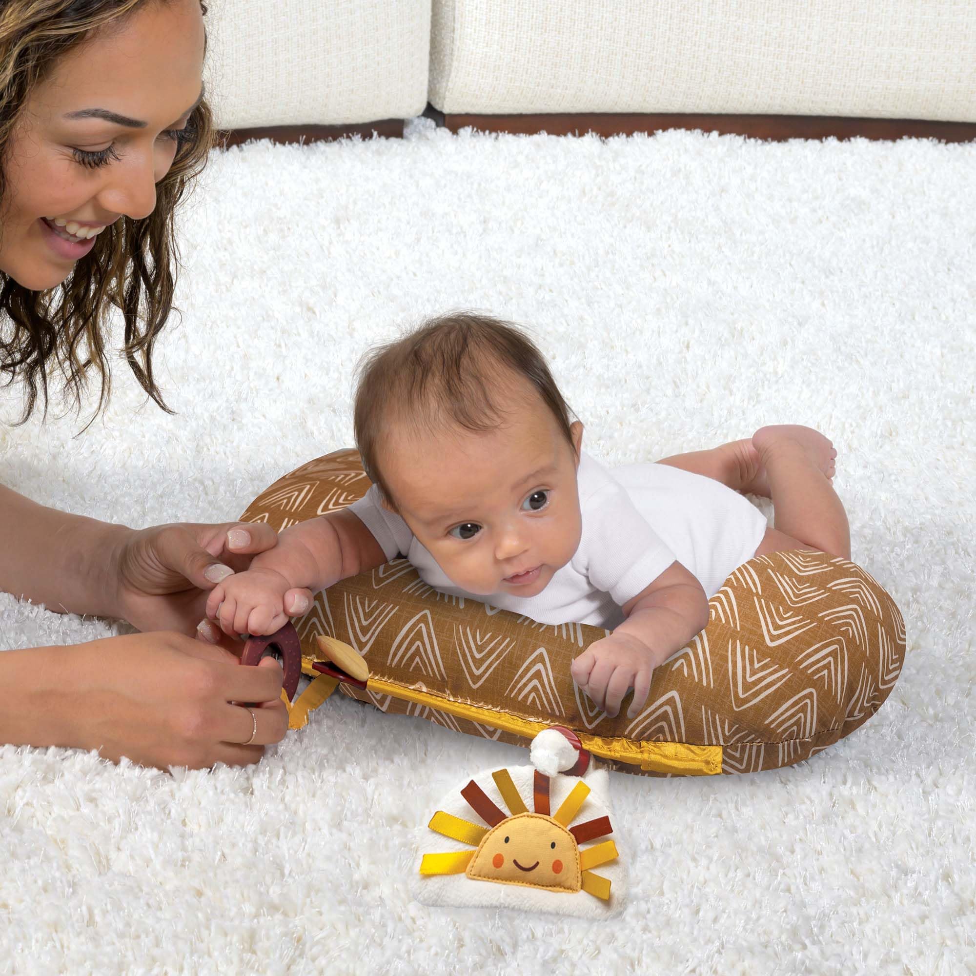 Boppy Tummy Time Prop, Golden Sun with Arrows with Two Removable Toys, A Smaller Size for Comfortable Tummy Time, Attached Toys Encourage Neck and Shoulder Strength Building