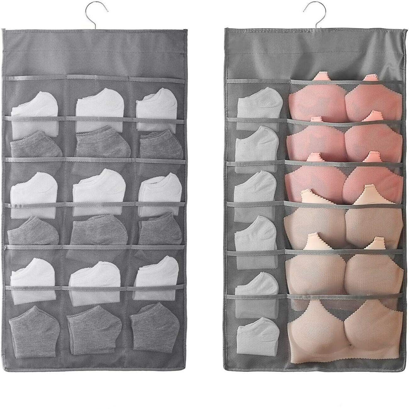 2 Piece Hanging Storage Organizer Bag for Socks Underwear Ties Bra Wardrobe Wardrobe Hanger Shelves, 30 Pockets Double-Sided Door Divider Holder