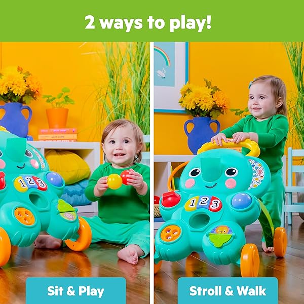 BRIGHT STARTS STROLL ‘N ROLL 2-IN-1-BALL PUSH WALKER – INCLUDES 3 TOY BALLS, ELEPHANT WITH 70+ SONGS & SOUNDS, 7 ACTIVITIES – BALL DROP, PIANO, SPINNER, FLIP BOOK & MORE
