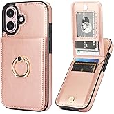 KIHUWEY for iPhone 16 Case Wallet with Credit Card Holder, 360° Rotation Ring PU Leather Magnetic Clasp Kickstand Heavy Duty Protective Cover for Women and Men 6.1 Inch (Rose Gold)