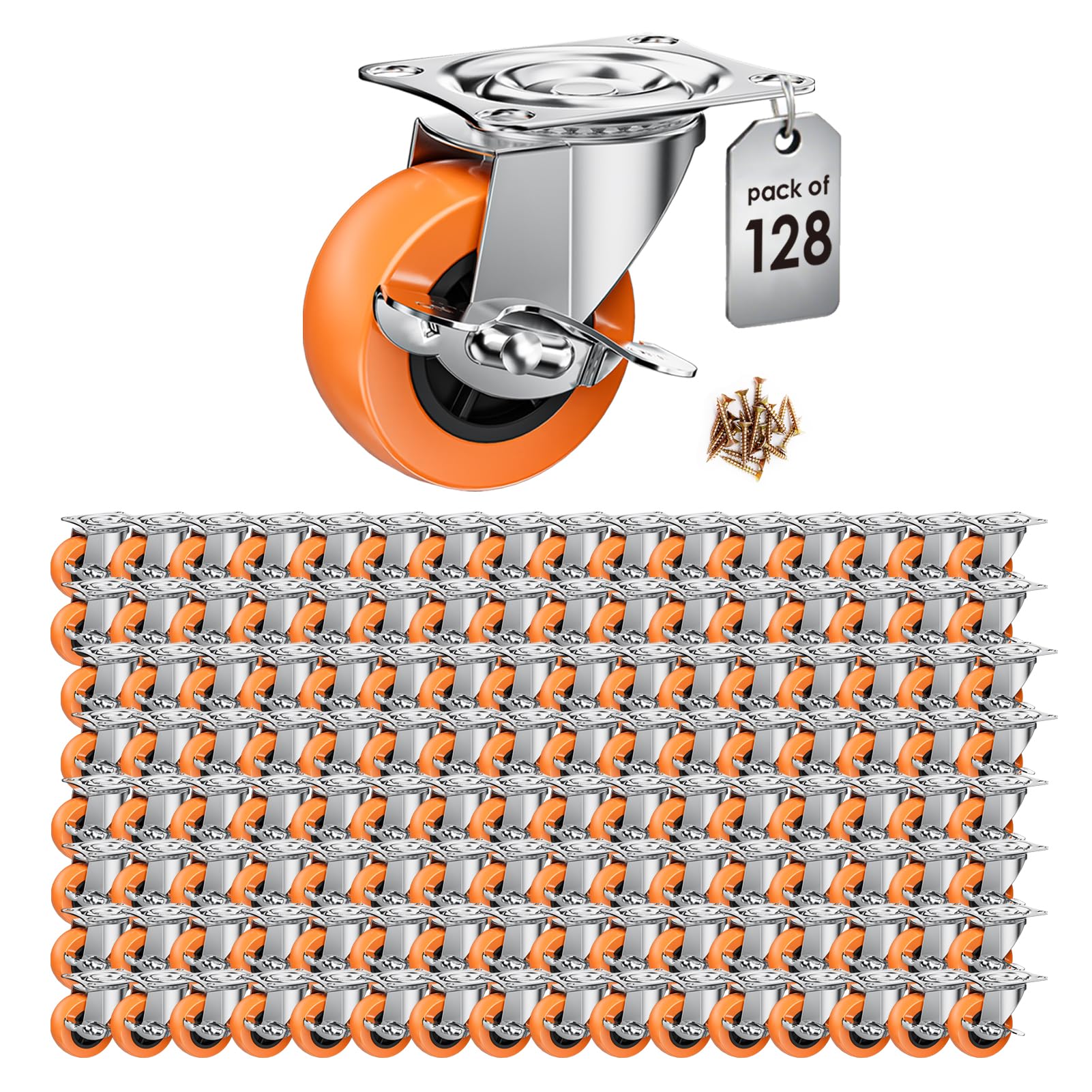 2 Inch Casters, ASHGOOB Caster Wheels with Side Brake, Locking Casters Set of 128, Industrial/Furniture Swivel Plate Caster Wheels for Workbench and Carts, Orange Polyurethane (PU) Castors (128 Pack) Image