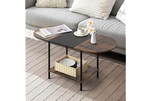 SHINOSKE Coffee Tables for Living Room,2-Tier Small Coffee Table Farmhouse Oval Center Table with Storage Shelf and Wood Tabletop,for Small Space,Home Office,Black & Brown