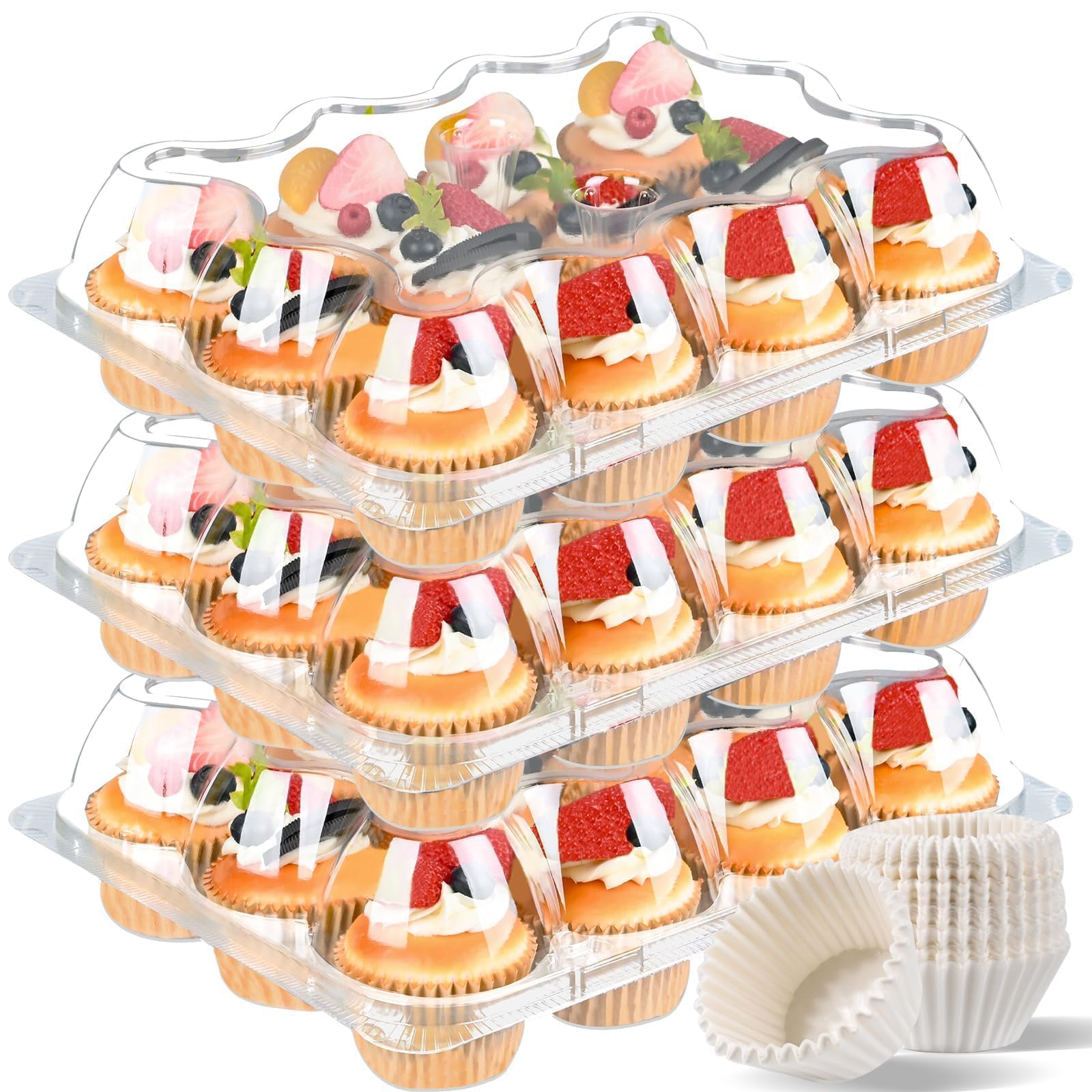 Photo 1 of JPPSUJJ Plastic Cupcake Containers 12 Count (12 Sets), Stackable Cupcake Boxes Holders with Tall Dome Lid, Disposable Cupcake Carrier Trays Include 150 Cupcake Liners