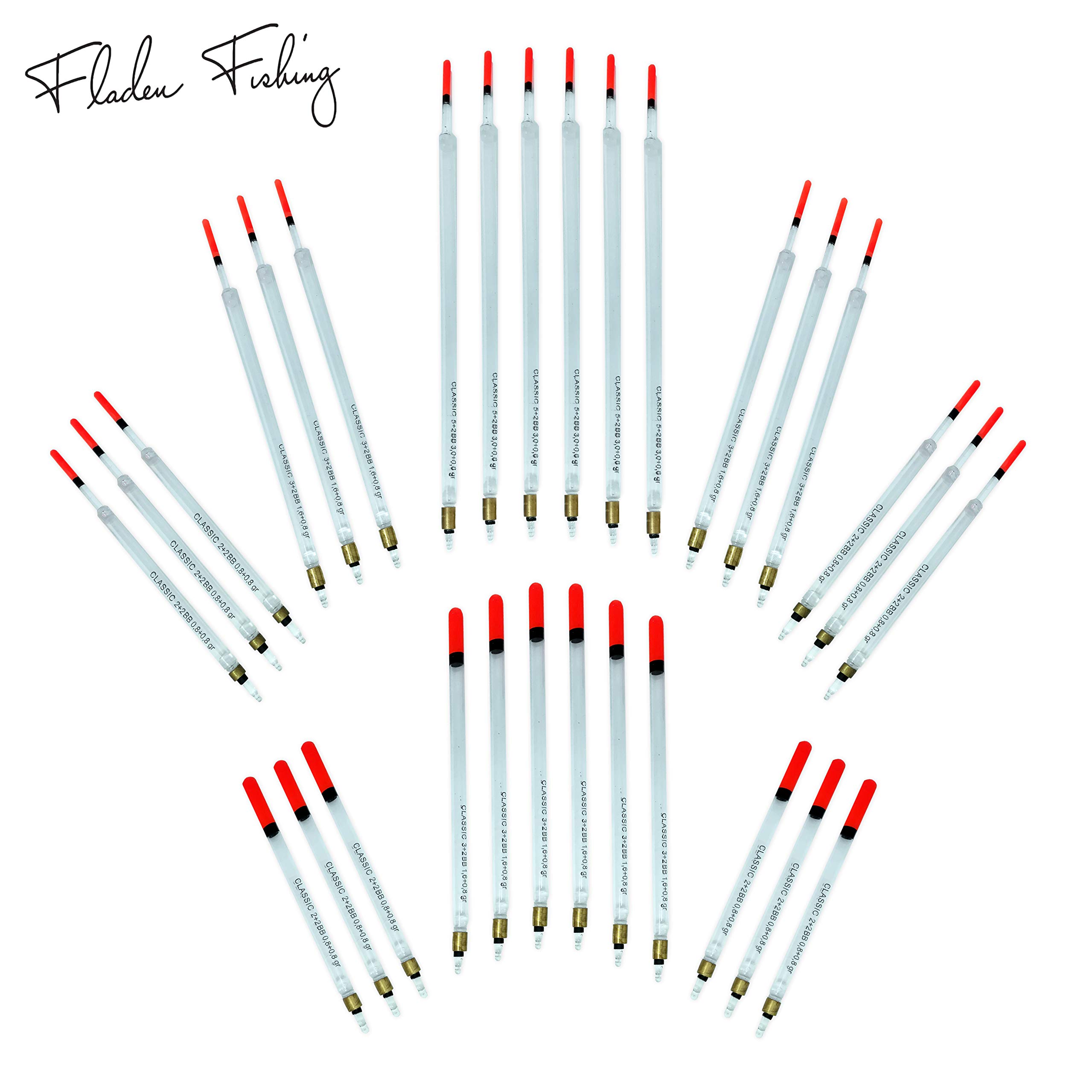 FLADEN Fishing - A set of 30 Assorted Loaded Waggler Floats Classic Clear Crystal with Hi-Viz Red Tips (13cm to 23cm) - For Most types of Coarse Fishing [40-068]