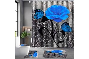 Poedist 4 Pcs Bathroom Set,Blue Rose Shower Curtain Sets, Floral Shower Curtain Sets with Rugs(Bath Mat,U Shape and Toilet Lid Cover Mat) and 12 Hooks