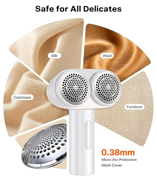 TORRAS DUAL-HEAD FABRIC SHAVER, LONGEST DURABILITY & 50ML LARGE CAPACITY RECHARGEABLE LINT REMOVERS TO REMOVE PILLS, 6-LEAF BLADES DEFUZZER, ELECTRIC SHAVER FOR CLOTHES COUCH FURNITURE, PEARL WHITE