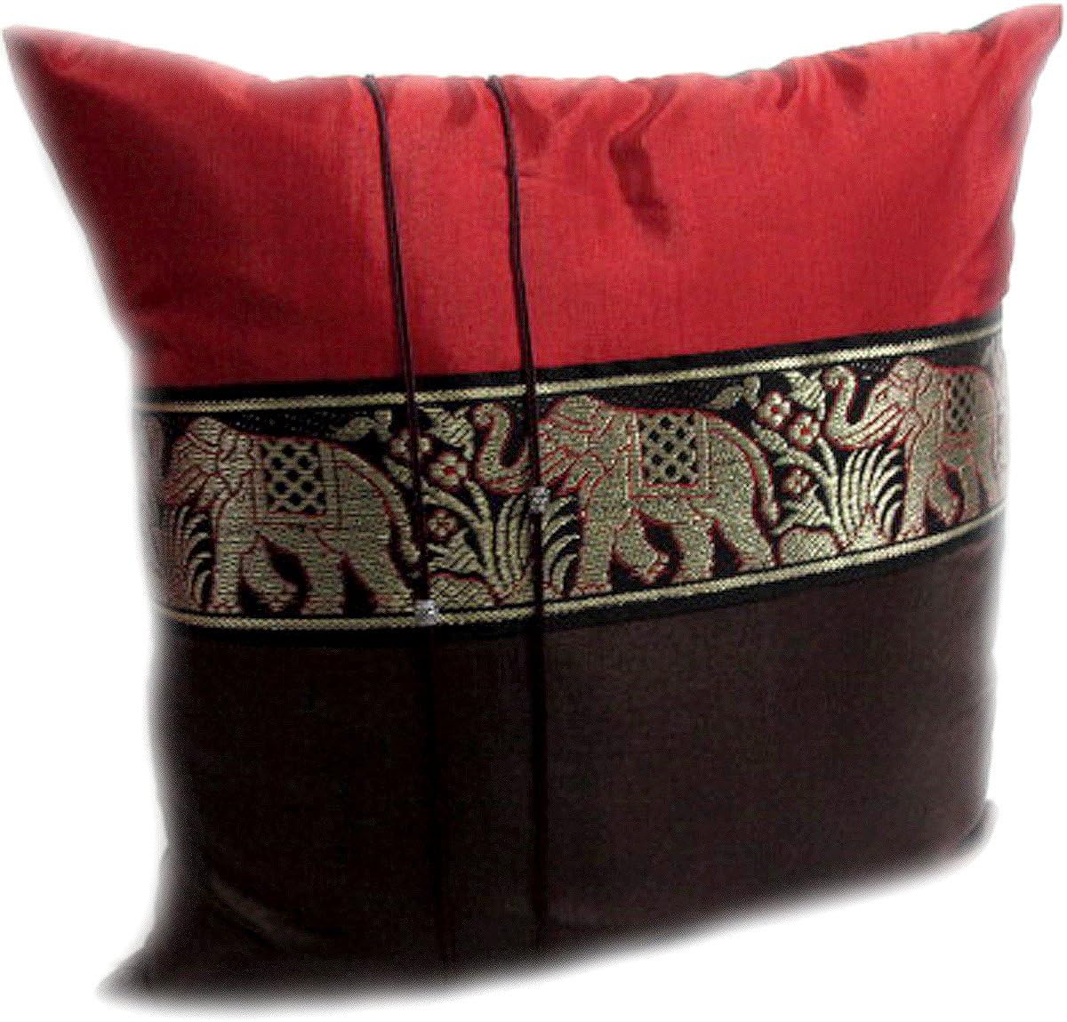 Thaimart Single Red & Brown Elephant Middle Stripe Throw Cushion Cover/Pillow Sham Handmade by Satin and Thai Silk for Decorative Sofa, Car and Living Room Size 16 X 16 Inches