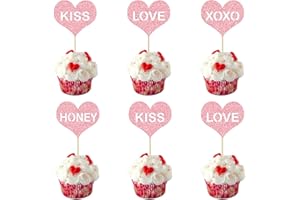 Gyufise 24 Pack Pink Glitter Valentine's Day Cupcake Toppers Sweet Honey Love Kiss Heart XOXO Cupcake Picks Decorations for Wedding Engagement Valentine's Party Supplie