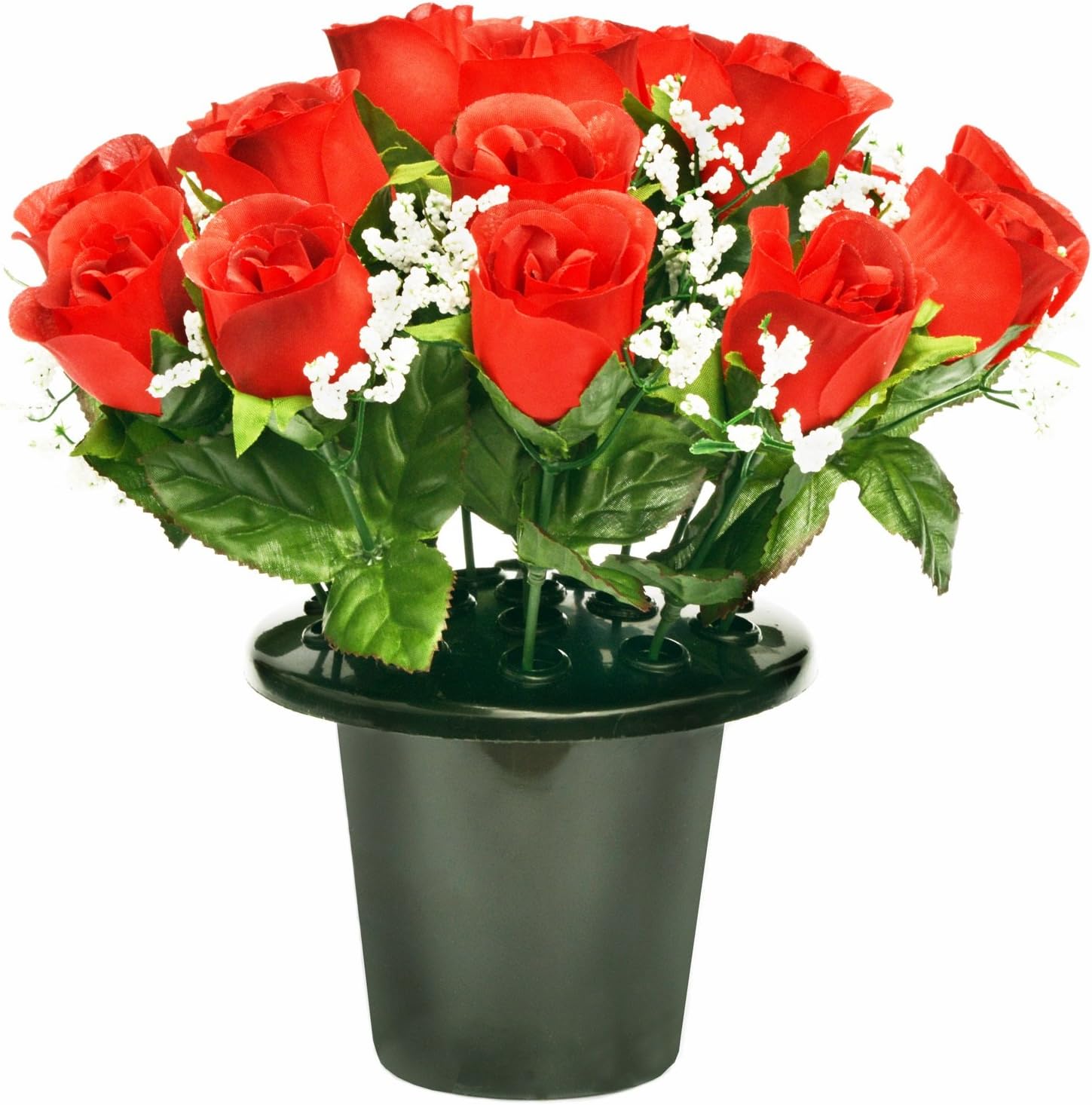 A1Homes ARTIFICIAL RED ROSE GRAVE POT WITH 16 FLOWERS VASE INSERT