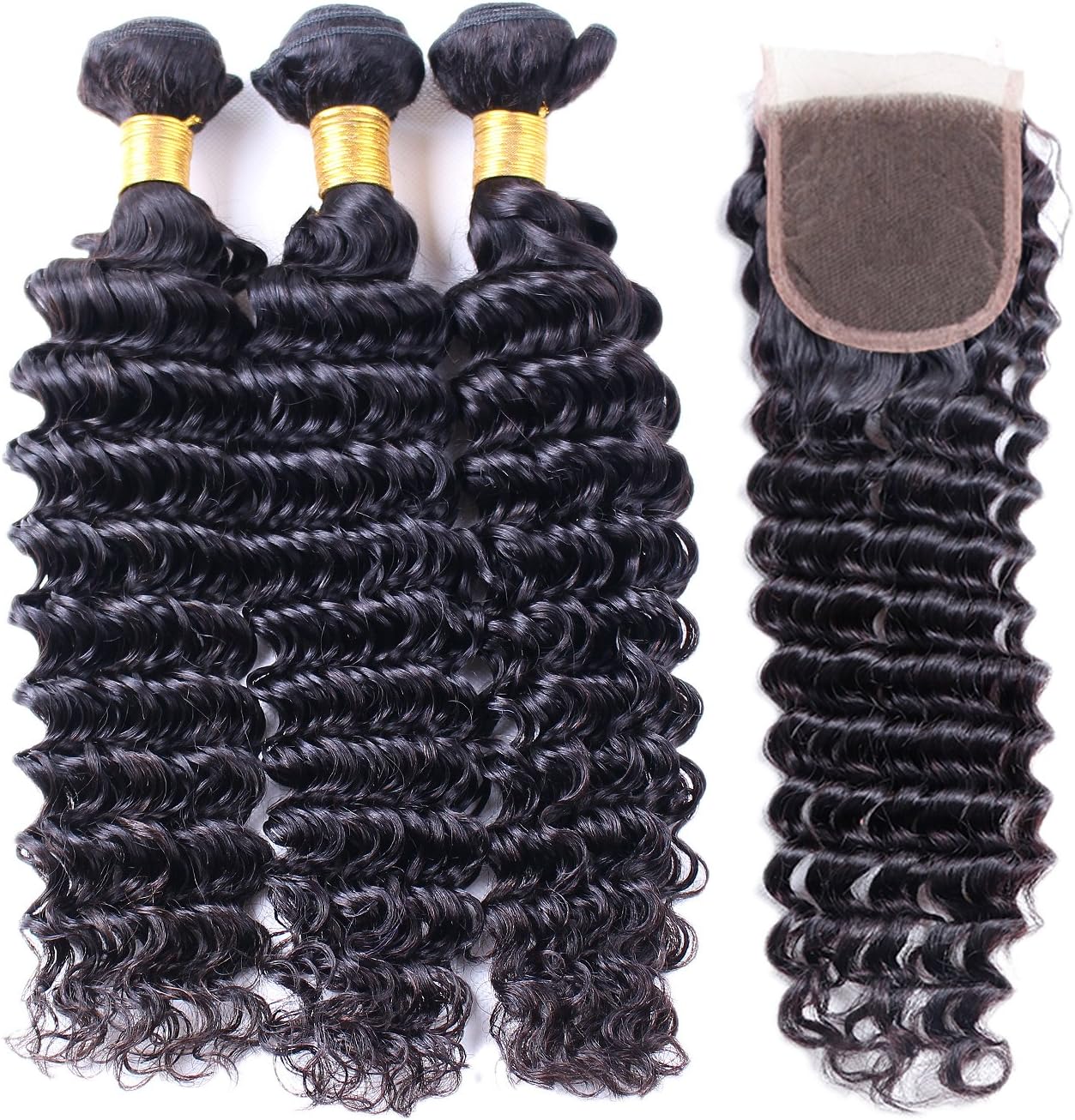 Brazilian Deep Wave Hair 3 Bundles With Closure Unprocessed Virgin Remy Brazilian Deep Wave Curly Human Hair Weave Extensions With Lace Closure 4x4 Free Part (24 26 28 +22 closure)