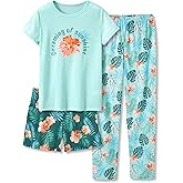 Tebbis Trendy Tie Dye Violet Green Pajamas for Girls 3 Pieces Soft Tee Shorts & Pants PJ Comfy Jammies Set Size 6-18