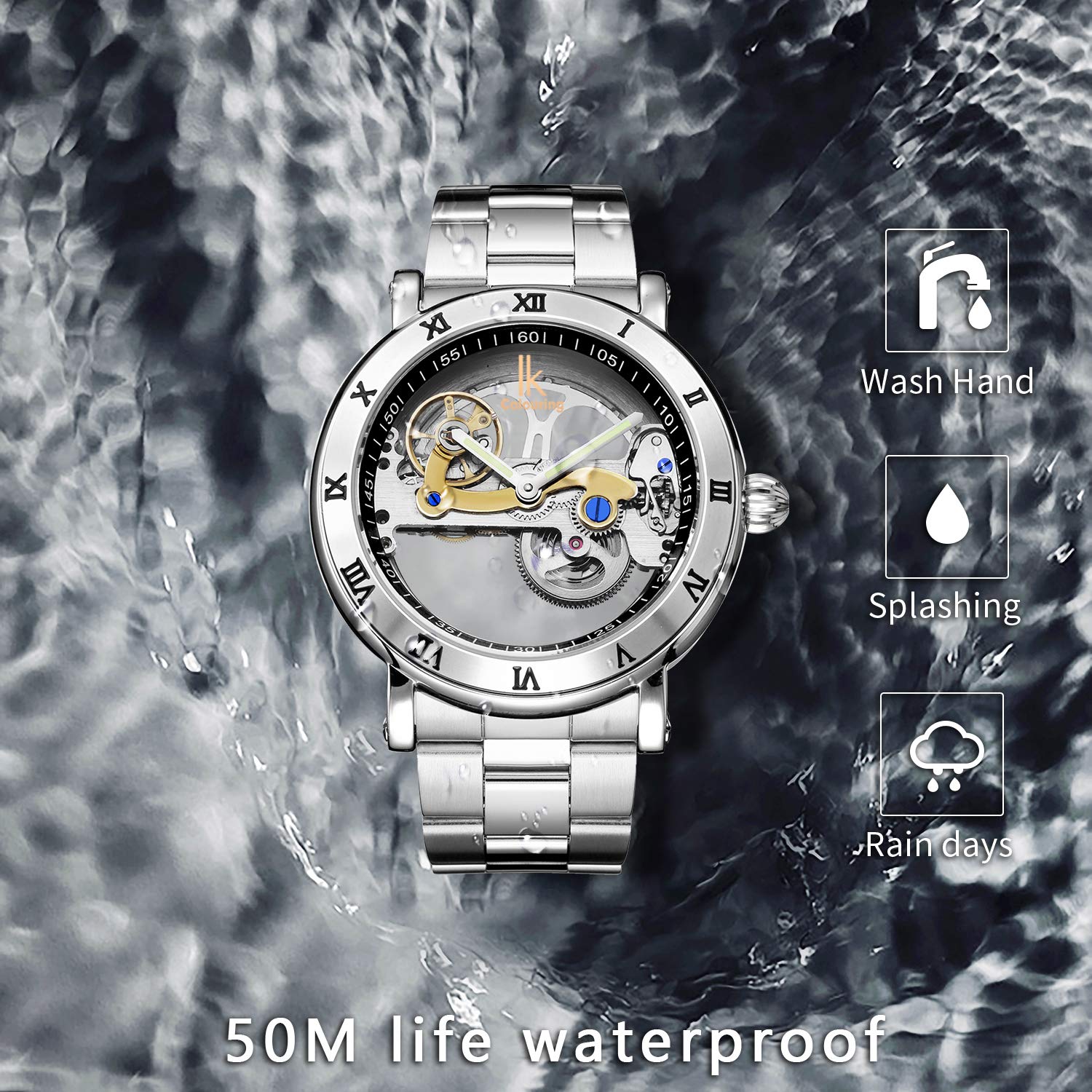 Gute Men's Watches, Mechanical Automatic Self-Winding Waterproof Watch, Luxury See Through Hollow-Out Minimalist Transparent Steampunk Roman Numerals Silver Case Wrist Watch