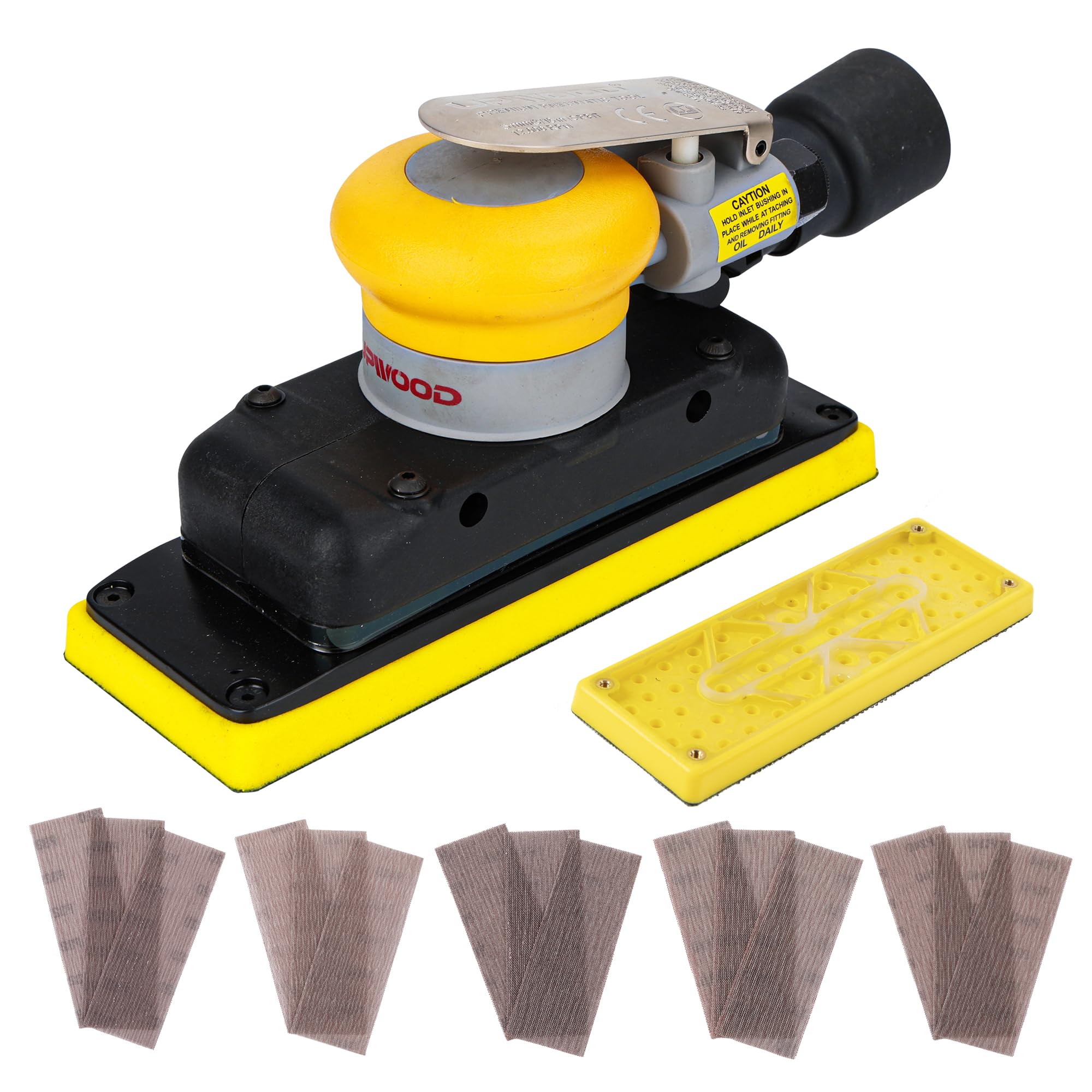 UPWOOD 2-3/4" x 8" Dust-Free Air Orbital Sander, 70mm x 198mm 1/8" Orbit, 10,000 Max OPM, Central Vacuum with Extra Hook-Loop Pad, 15pcs Mesh Sandpapers (80/120/180/320/400)