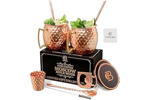 COPPER-BAR Moscow Mule Copper Mugs - Unique HANDCRAFTED Gift Set of 2, Hammered by Artisan, 100% Pure Solid Copper Cups 16oz 