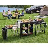 TinFrey Folding Grill Table, Portable Tri-Fold Outdoor BBQ Prep Station | 82.5 in cooking station with 4-cubby storage, 9 S hooks and 3 holders; folds to a 3.7 in case for camping and tailgating